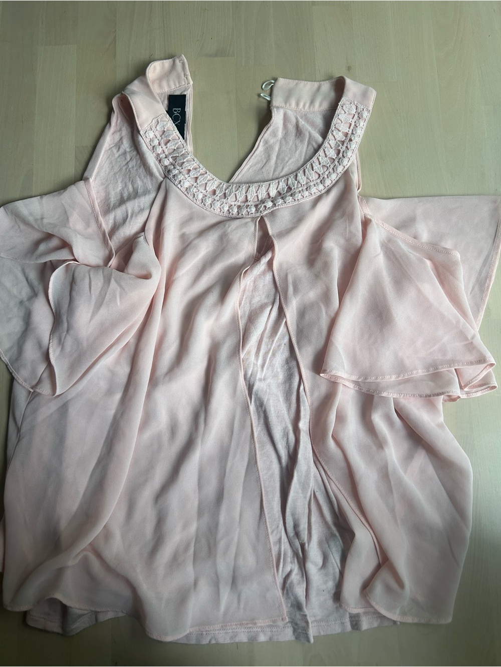BCX Pale Pink Cold-Shoulder Blouse with Crochet Neckline